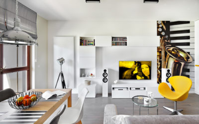 Interior filled with white, yellow and … music